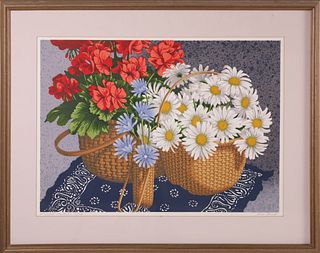 Donn Russell Limited Edition Print "Daisies, Geraniums, and Cornflowers in Nantucket Baskets"