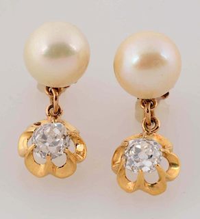 Pair of 14K Yellow Gold Pearl & Diamond Earrings.