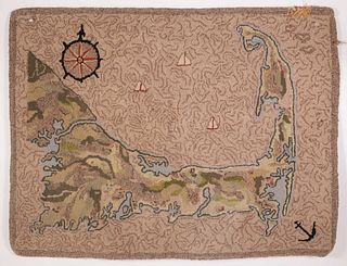 Antique Hooked Rug, Map of Cape Cod, early 20th Century