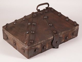 Antique Iron Strapped and Studded Oak Carrying Box