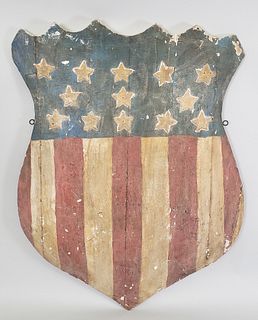 Vintage Carved and Painted Wooden American Flag Federal Shield Sign