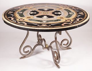 Elaborate Multi-Marble Inlaid Table on Steel Base
