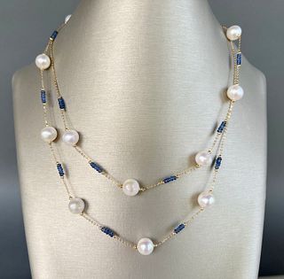 18k Yellow Gold, Blue Sapphire and 9.5mm White Fresh Water Pearl Necklace