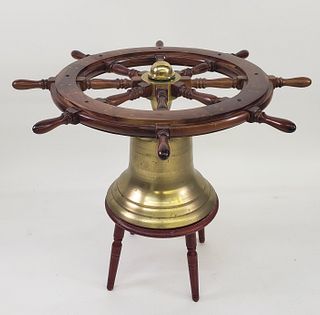 Antique Inlaid Ships Wheel and Bell Table