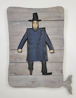 Folk Art Carved & Painted Wood Nantucket Captain Ahab Moby Dick Sign