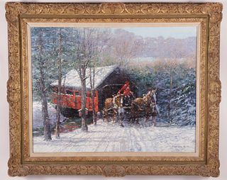 John Charles Terelak Oil on Canvas "Winter Chores", circa 1986
