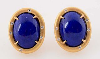 Pair of 18K Yellow Gold Lapis Lazuli & Diamond Earrings.
