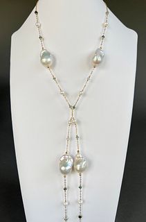 18k Yellow Gold, Emerald, Moonstone, and Baroque White Fresh Water Pearl Necklace