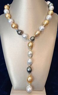 Multi-color South Sea and Tahitian Pearl Lariat Necklace, 14k Gold