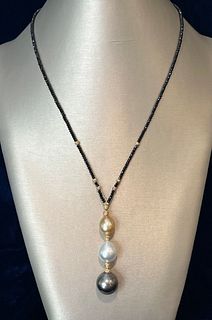 South Sea and Tahitian Pearl Drop Necklace on Black Spinel Strand