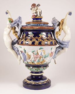 Antique Majolica Covered Vase with Two Maidens and Cherub