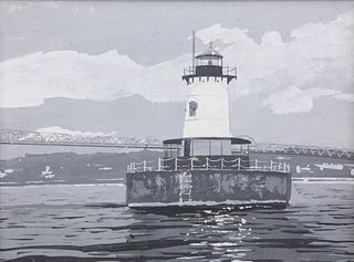 John Austin  Black and White Tempera on Artist Board "Borden Flats Lighthouse"