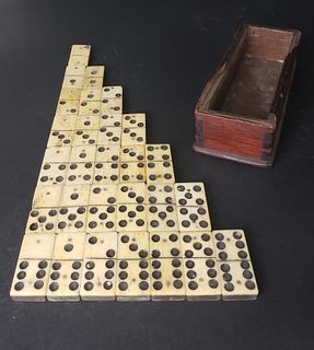 Boxed Set of Antique Sailor Made Bone and Ebony Dominoes, 19th century