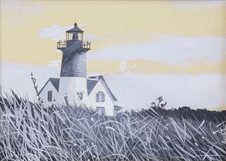 John Austin Black and White Tempera on Artist Board "View of Lighthouse from the Dunes"