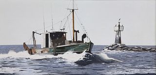 John Austin Tempera on Artist Board "Fishing Vessel Johnny A. Entering Nantucket Harbor at the Jetty"