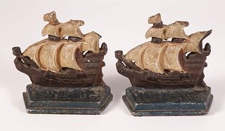 Pair of Cast Iron and Painted Clipper Ship Galleon Bookends