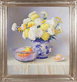 Sidney F. Willis Acrylic on Panel "Still Life of Mums in a Blue and White Vessel"