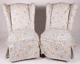 Pair of Upholstered Wing Chairs with Seashell Fabric Slip Covers