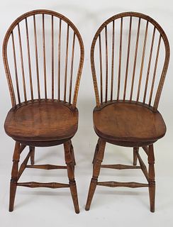 Pair of Vintage American Tiger Maple Bowback Windsor Barstools, 20th century