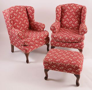 Pair of Child's Upholstered Wing Chairs and One Ottoman