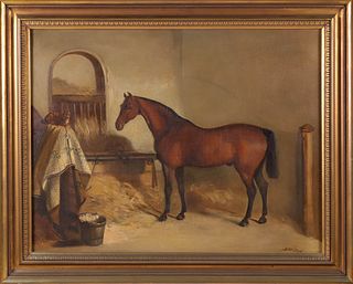 John Mcleod Oil on Canvas "Horse and Cat in Stable"