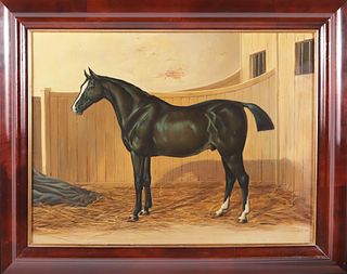 Oil on Canvas Portrait Painting of The Horse "Black Stallion in Stable"