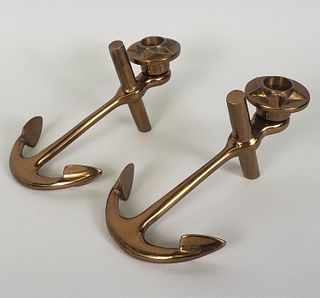 Pair of Vintage Brass Figural Anchor Candlesticks, 20th century