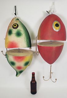 Two Vintage Paper Mache Figural Fishing Lure Hanging Trade Signs