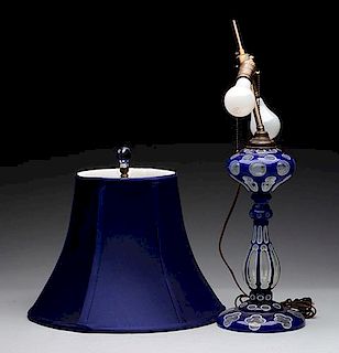 Blue Blown Art Glass Lamp Base w/ Blue Linen Shade.