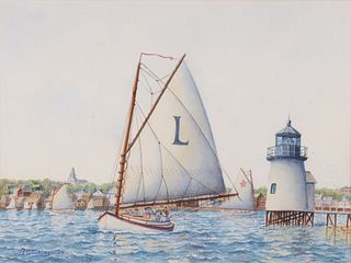 John Hutchinson Watercolor on Paper "The Lillian Sailing Around Brant Point Nantucket"