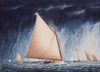 John Hutchinson Watercolor on Paper "Stormy Sailing Day at Brant Point"