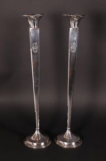 Pair of Sterling Silver Tall Trumpet Vases