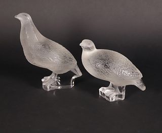 Pair of Vintage Signed Lalique Frosted Glass Male and Female Partridges