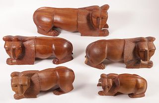 Five Cheddie's Carving Studio Wood Models of Lions, circa 1990s