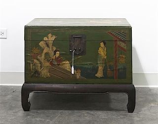 A Chinese Painted Chest, Height 13 1/2 x width 24 1/2 x depth 16 inches.