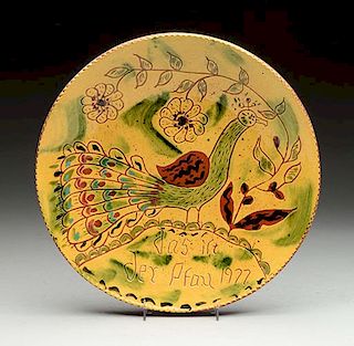 Breininger Redware Pottery Plate w/ Peacock.
