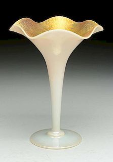 Steuben Gold Aurene & Calcite Fluted Trumpet Vase.