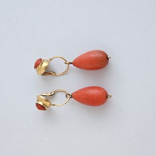 Pair of 14k Yellow Gold and Coral Earrings