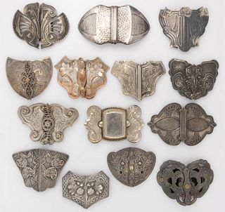 ANTIQUE AESTHETIC MOVEMENT AND OTHER SILVER-TONED METAL BELT OR DRESS BUCKLES, LOT OF 14