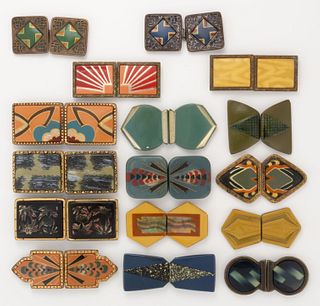 ANTIQUE / VINTAGE CZECHOSLOVAKIAN AND OTHER ART DECO CELLULOID-FRONT BELT OR DRESS BUCKLES, LOT OF 16