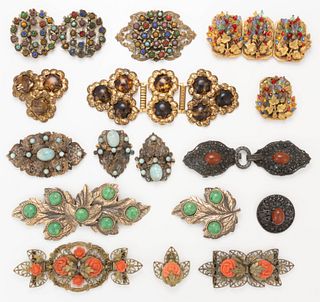 ANTIQUE / VINTAGE RHINESTONE AND OTHER METAL BELT / DRESS BUCKLE AND OTHER JEWELRY SETS, LOT OF 16 PIECES