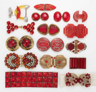 ANTIQUE / VINTAGE RED RHINESTONE AND OTHER BELT OR DRESS BUCKLES, LOT OF 16