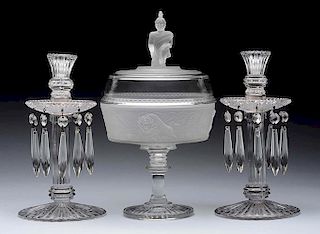 Lot of 3: Crystal Candlesticks & Compote.