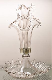 CLEAR GLASS EPERGNE WITH FOUR FLOWER HORNS