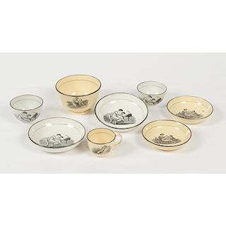 Creamware Cups and Saucers with Transfer Adam Buck Pattern