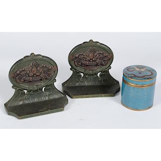 Cloisonné Caddy and Bronze Bookends