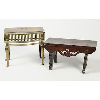 Brass Foot Warmer and Wooden Carved Footstool