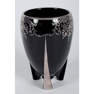 Black Glass Vase with Sterling Overlay