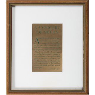 Brass Plate Inscribed with a Quote by Paul Beaujon (Pen Name of Beatrice Warde)