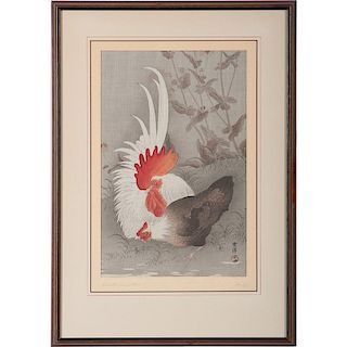 Japanese Woodblock of Rooster and Hen